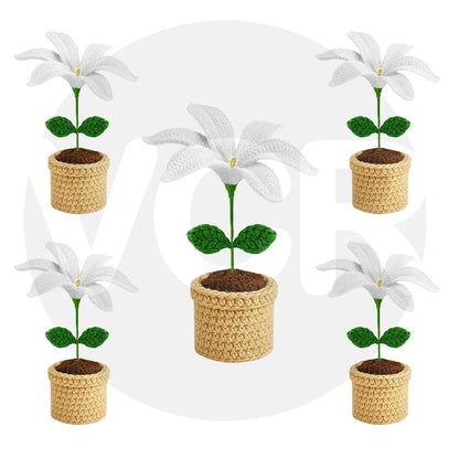 VCR Handmade Crochet White Lily Pot - Pack of 1 - Hand Woven Knitted Artificial White Lily Pot Hand Knitted Flower for office Desk, Table, Car, Bedroom, Wedding & Special Occasions