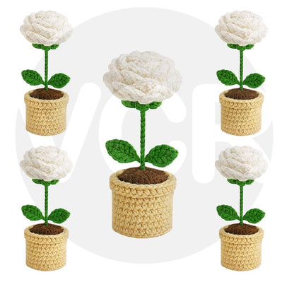 VCR Handmade Crochet White Rose Pot - Pack of 1 - Hand Woven Knitted Artificial White Rose Pot Hand Knitted Flower for office Desk, Table, Car, Bedroom, Wedding & Special Occasions