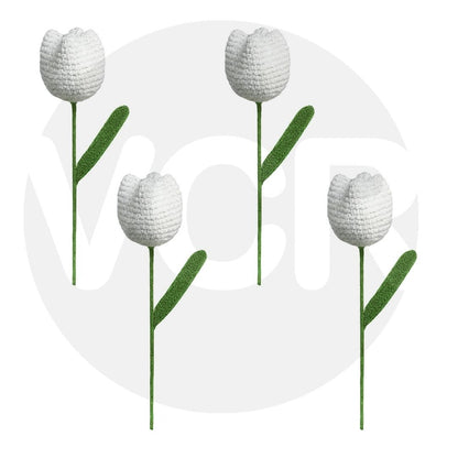 VCR Handmade Crochet White Tulip - Pack of 1 - Hand Woven Knitted Artificial White Tulip Hand Knitted Flower for office Desk, Table, Car, Bedroom, Wedding & Special Occasions