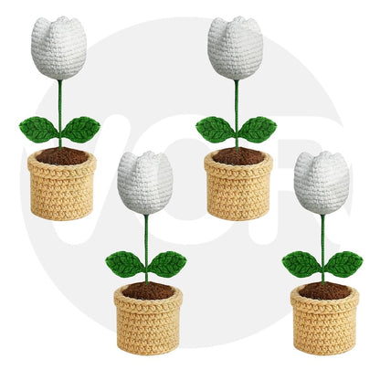 VCR Handmade Crochet White Tulip Pot  - Pack of 1 - Hand Woven Knitted Artificial White Tulip Pot Hand Knitted Flower for office Desk, Table, Car, Bedroom, Wedding & Special Occasions