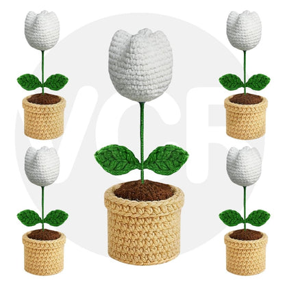 VCR Handmade Crochet White Tulip Pot  - Pack of 1 - Hand Woven Knitted Artificial White Tulip Pot Hand Knitted Flower for office Desk, Table, Car, Bedroom, Wedding & Special Occasions