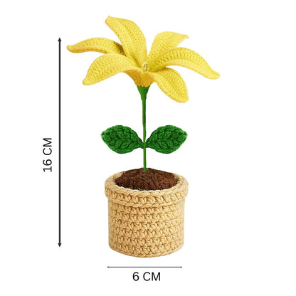 VCR Handmade Crochet Yellow Lily Pot - Pack of 1 - Hand Woven Knitted Artificial Yellow Lily Pot Hand Knitted Flower for office Desk, Table, Car, Bedroom, Wedding & Special Occasions