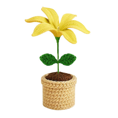 VCR Handmade Crochet Yellow Lily Pot - Pack of 1 - Hand Woven Knitted Artificial Yellow Lily Pot Hand Knitted Flower for office Desk, Table, Car, Bedroom, Wedding & Special Occasions