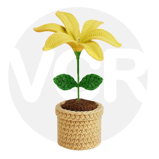 VCR Handmade Crochet Yellow Lily Pot - Pack of 1 - Hand Woven Knitted Artificial Yellow Lily Pot Hand Knitted Flower for office Desk, Table, Car, Bedroom, Wedding & Special Occasions