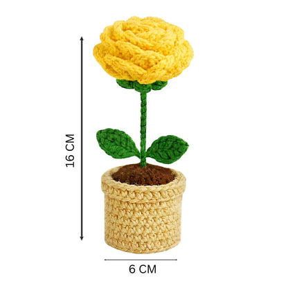 VCR Handmade Crochet Yellow Rose Pot - Pack of 1 - Hand Woven Knitted Artificial Yellow Rose Pot Hand Knitted Flower for office Desk, Table, Car, Bedroom, Wedding & Special Occasions