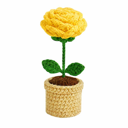 VCR Handmade Crochet Yellow Rose Pot - Pack of 1 - Hand Woven Knitted Artificial Yellow Rose Pot Hand Knitted Flower for office Desk, Table, Car, Bedroom, Wedding & Special Occasions