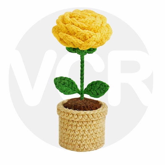 VCR Handmade Crochet Yellow Rose Pot - Pack of 1 - Hand Woven Knitted Artificial Yellow Rose Pot Hand Knitted Flower for office Desk, Table, Car, Bedroom, Wedding & Special Occasions