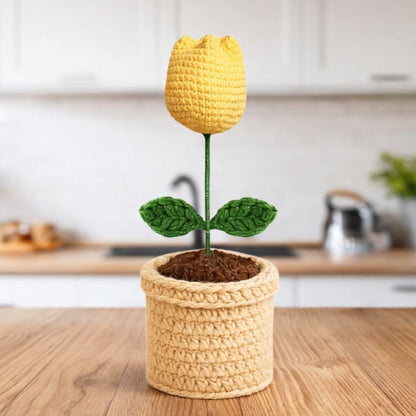 VCR Handmade Crochet Yellow Tulip Pot - Pack of 1 - Hand Woven Knitted Artificial Yellow Tulip Pot Hand Knitted Flower for office Desk, Table, Car, Bedroom, Wedding & Special Occasions