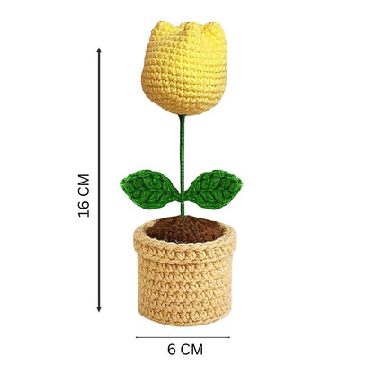 VCR Handmade Crochet Yellow Tulip Pot - Pack of 1 - Hand Woven Knitted Artificial Yellow Tulip Pot Hand Knitted Flower for office Desk, Table, Car, Bedroom, Wedding & Special Occasions