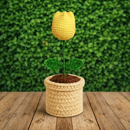 VCR Handmade Crochet Yellow Tulip Pot - Pack of 1 - Hand Woven Knitted Artificial Yellow Tulip Pot Hand Knitted Flower for office Desk, Table, Car, Bedroom, Wedding & Special Occasions