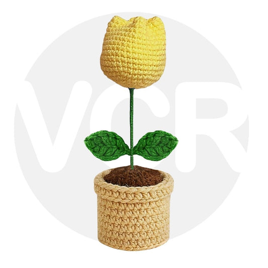 VCR Handmade Crochet Yellow Tulip Pot - Pack of 1 - Hand Woven Knitted Artificial Yellow Tulip Pot Hand Knitted Flower for office Desk, Table, Car, Bedroom, Wedding & Special Occasions