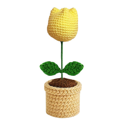 VCR Handmade Crochet Yellow Tulip Pot - Pack of 1 - Hand Woven Knitted Artificial Yellow Tulip Pot Hand Knitted Flower for office Desk, Table, Car, Bedroom, Wedding & Special Occasions