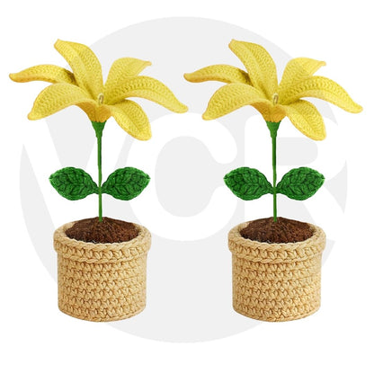 VCR Handmade Crochet Yellow Lily Pot - Pack of 1 - Hand Woven Knitted Artificial Yellow Lily Pot Hand Knitted Flower for office Desk, Table, Car, Bedroom, Wedding & Special Occasions