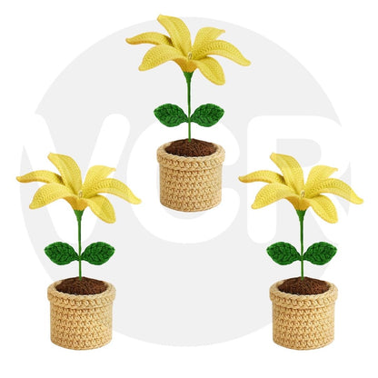 VCR Handmade Crochet Yellow Lily Pot - Pack of 1 - Hand Woven Knitted Artificial Yellow Lily Pot Hand Knitted Flower for office Desk, Table, Car, Bedroom, Wedding & Special Occasions