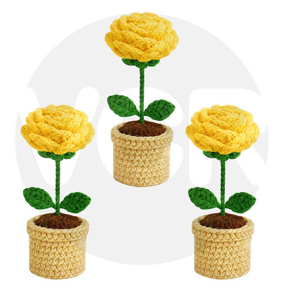 VCR Handmade Crochet Yellow Rose Pot - Pack of 1 - Hand Woven Knitted Artificial Yellow Rose Pot Hand Knitted Flower for office Desk, Table, Car, Bedroom, Wedding & Special Occasions