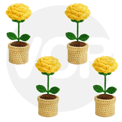 VCR Handmade Crochet Yellow Rose Pot - Pack of 1 - Hand Woven Knitted Artificial Yellow Rose Pot Hand Knitted Flower for office Desk, Table, Car, Bedroom, Wedding & Special Occasions