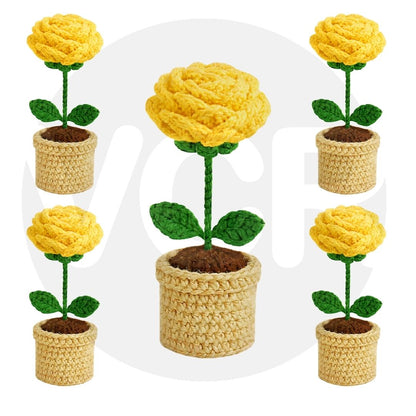 VCR Handmade Crochet Yellow Rose Pot - Pack of 1 - Hand Woven Knitted Artificial Yellow Rose Pot Hand Knitted Flower for office Desk, Table, Car, Bedroom, Wedding & Special Occasions