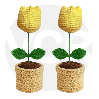 VCR Handmade Crochet Yellow Tulip Pot - Pack of 1 - Hand Woven Knitted Artificial Yellow Tulip Pot Hand Knitted Flower for office Desk, Table, Car, Bedroom, Wedding & Special Occasions