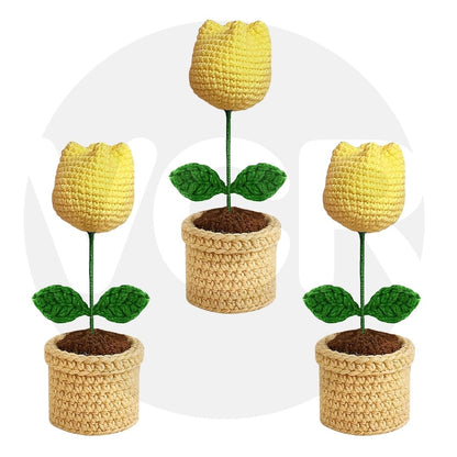 VCR Handmade Crochet Yellow Tulip Pot - Pack of 1 - Hand Woven Knitted Artificial Yellow Tulip Pot Hand Knitted Flower for office Desk, Table, Car, Bedroom, Wedding & Special Occasions