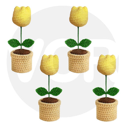 VCR Handmade Crochet Yellow Tulip Pot - Pack of 1 - Hand Woven Knitted Artificial Yellow Tulip Pot Hand Knitted Flower for office Desk, Table, Car, Bedroom, Wedding & Special Occasions