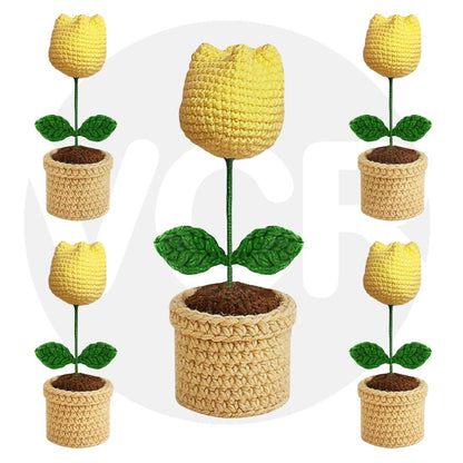VCR Handmade Crochet Yellow Tulip Pot - Pack of 1 - Hand Woven Knitted Artificial Yellow Tulip Pot Hand Knitted Flower for office Desk, Table, Car, Bedroom, Wedding & Special Occasions