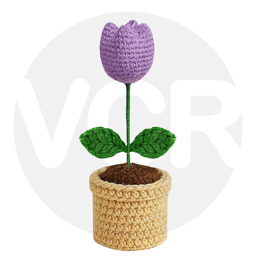 VCR Handmade Crochet Light Purple Tulip Pot - Pack of 1 - Hand Woven Knitted Artificial Light Purple Tulip Pot Hand Knitted Flower for office Desk, Table, Car, Bedroom, Wedding & Special Occasions
