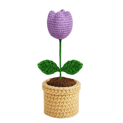 VCR Handmade Crochet Light Purple Tulip Pot - Pack of 1 - Hand Woven Knitted Artificial Light Purple Tulip Pot Hand Knitted Flower for office Desk, Table, Car, Bedroom, Wedding & Special Occasions