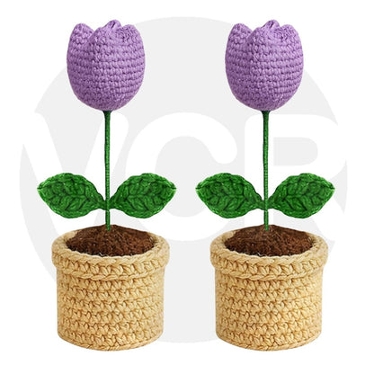 VCR Handmade Crochet Light Purple Tulip Pot - Pack of 1 - Hand Woven Knitted Artificial Light Purple Tulip Pot Hand Knitted Flower for office Desk, Table, Car, Bedroom, Wedding & Special Occasions