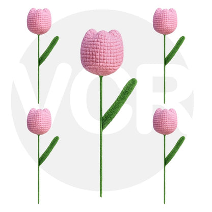 VCR Handmade Crochet Pink Tulip - Pack of 1 - Hand Woven Knitted Artificial Pink Tulip Hand Knitted Flower for office Desk, Table, Car, Bedroom, Wedding & Special Occasions