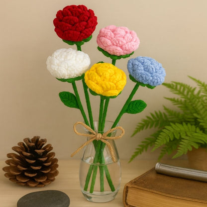 VCR Handmade Crochet White Rose - Pack of 1 - Hand Woven Knitted Artificial White Rose Hand Knitted Flower for office Desk, Table, Car, Bedroom, Wedding & Special Occasions